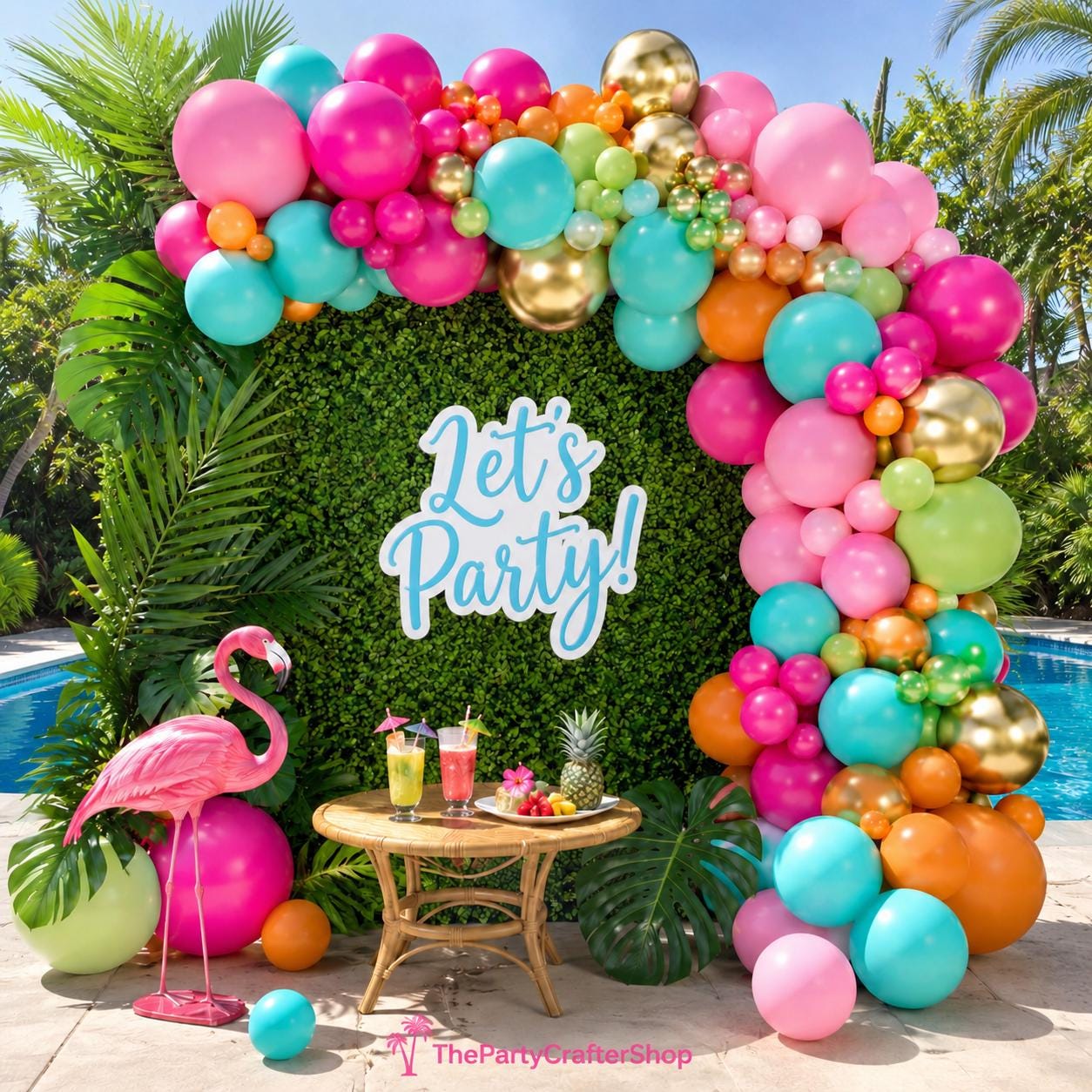 Tropical Luau Balloon Arch Kit | Olive Green, Hot Pink, Orange, Gold Hawaiian Garland