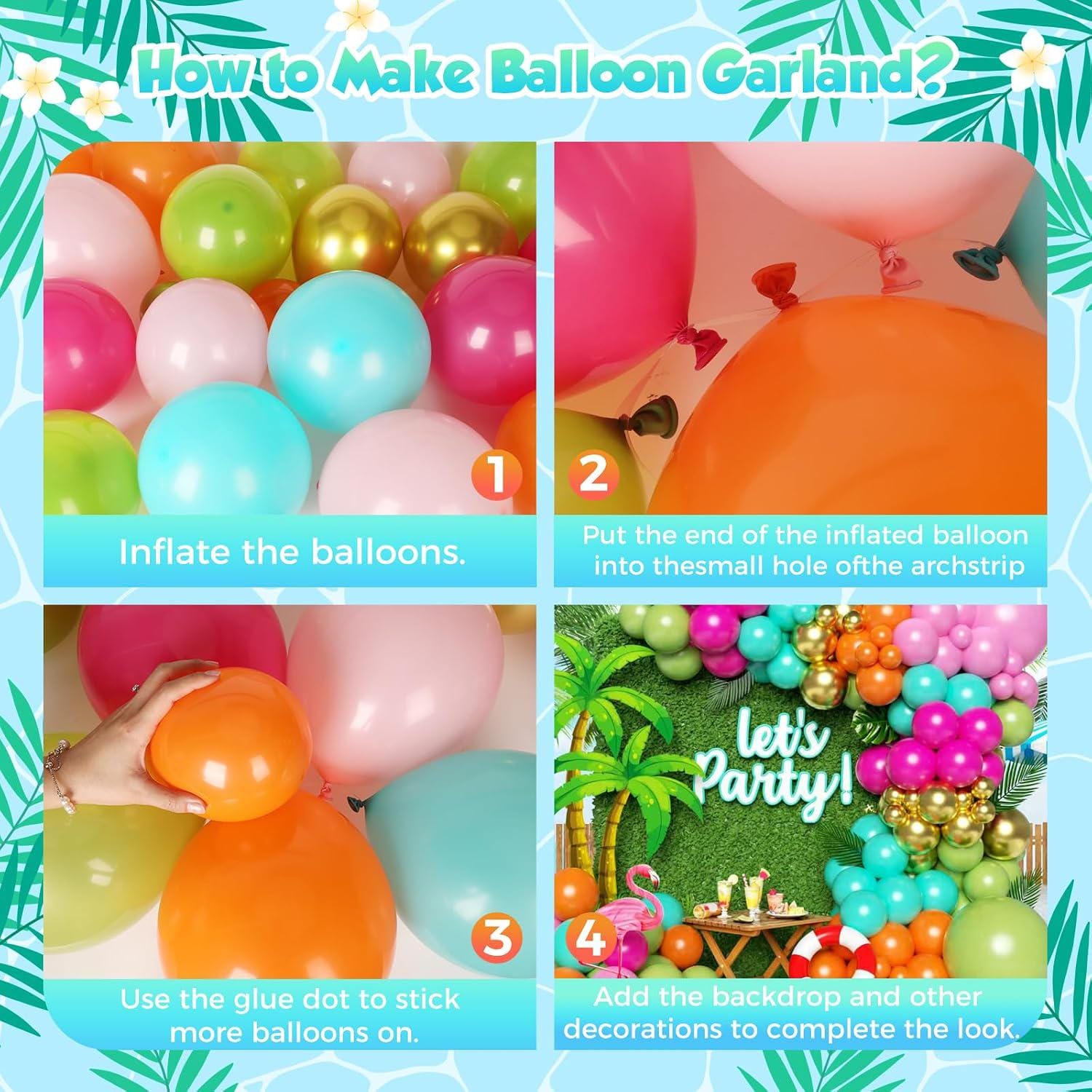 Tropical Luau Balloon Arch Kit | Olive Green, Hot Pink, Orange, Gold Hawaiian Garland
