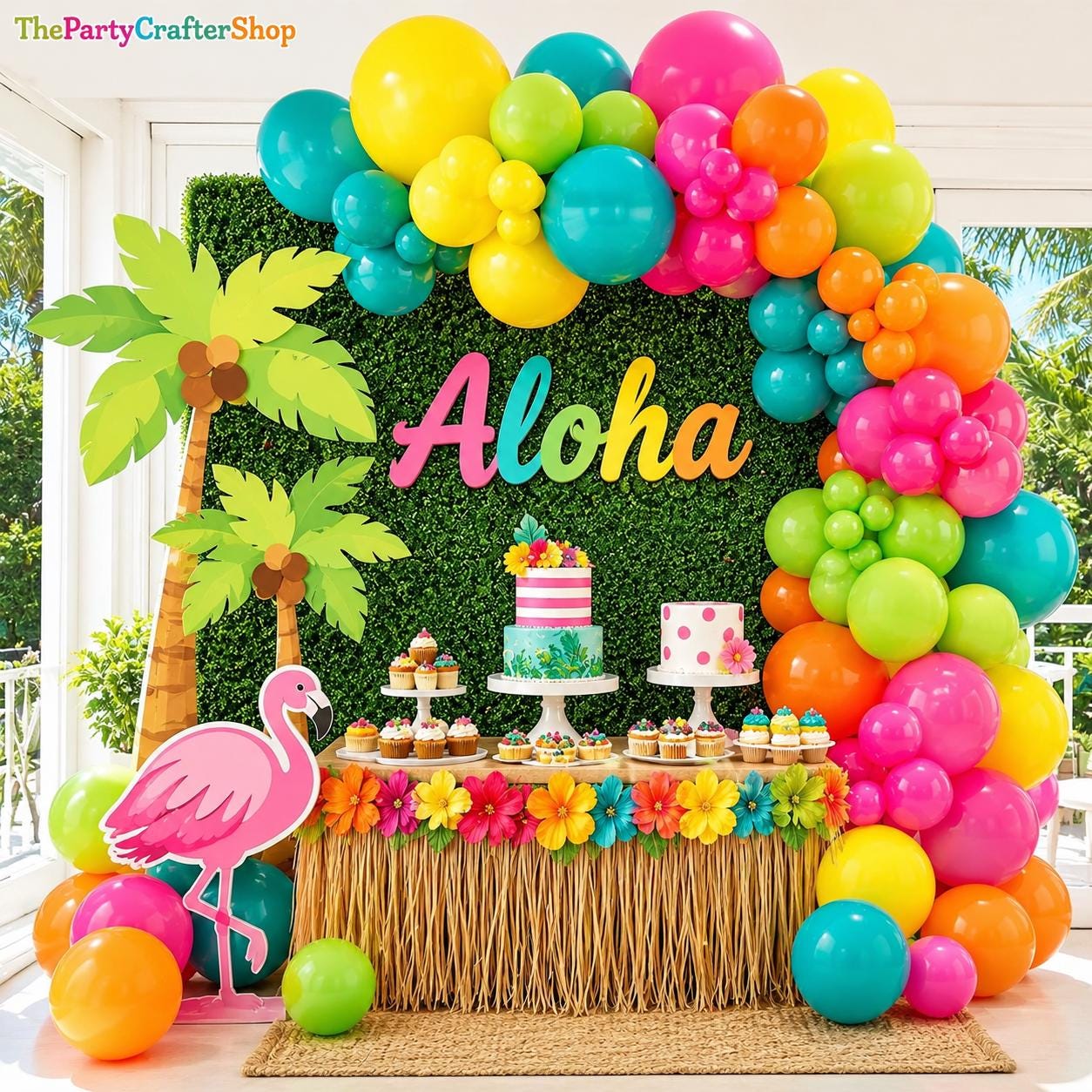Rainbow Balloon Arch Kit | Tropical Aloha Party Decor, Hot Pink, Teal, Yellow Balloons