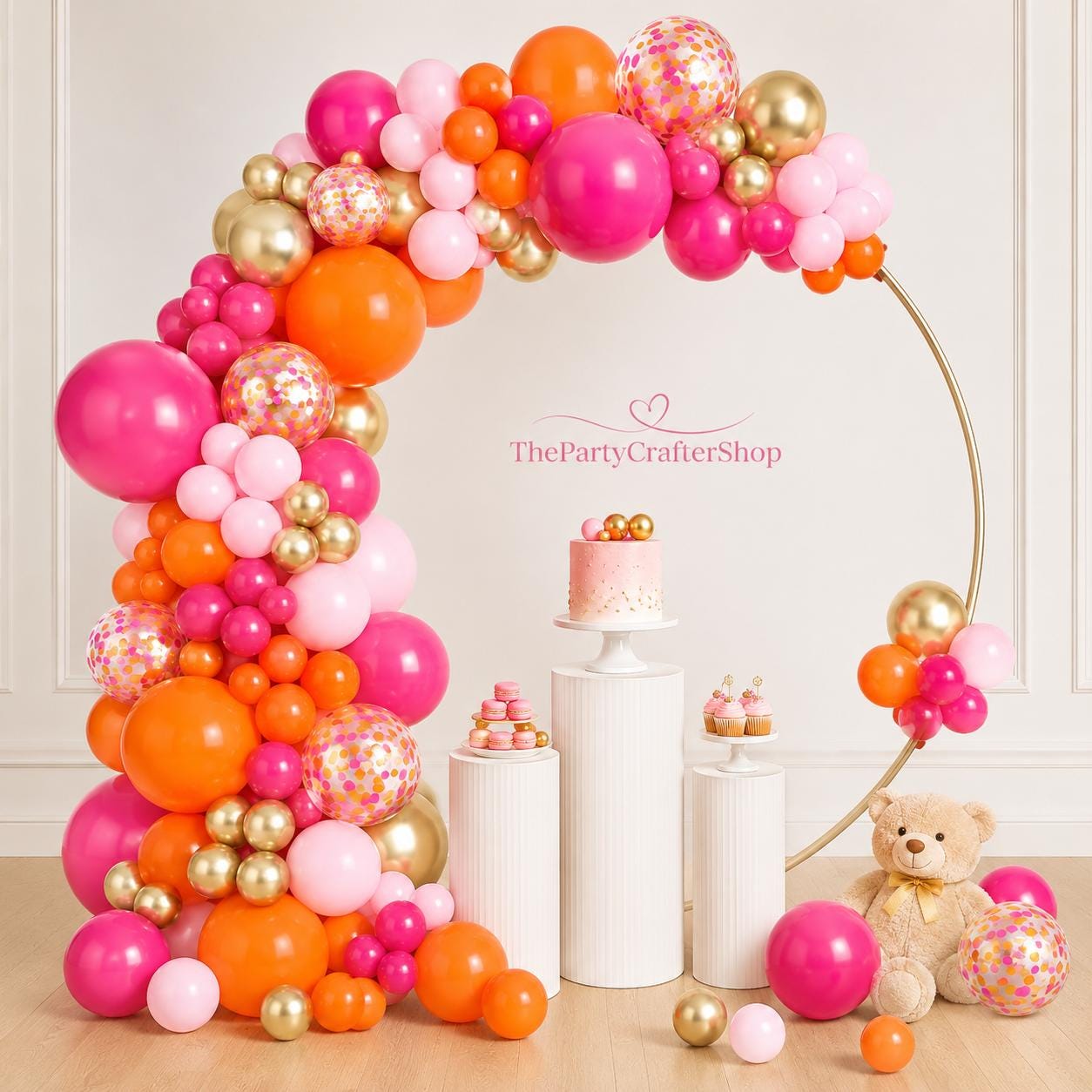 Sunset Pink Orange Balloon Arch Kit | Metallic Gold Confetti Party Decor