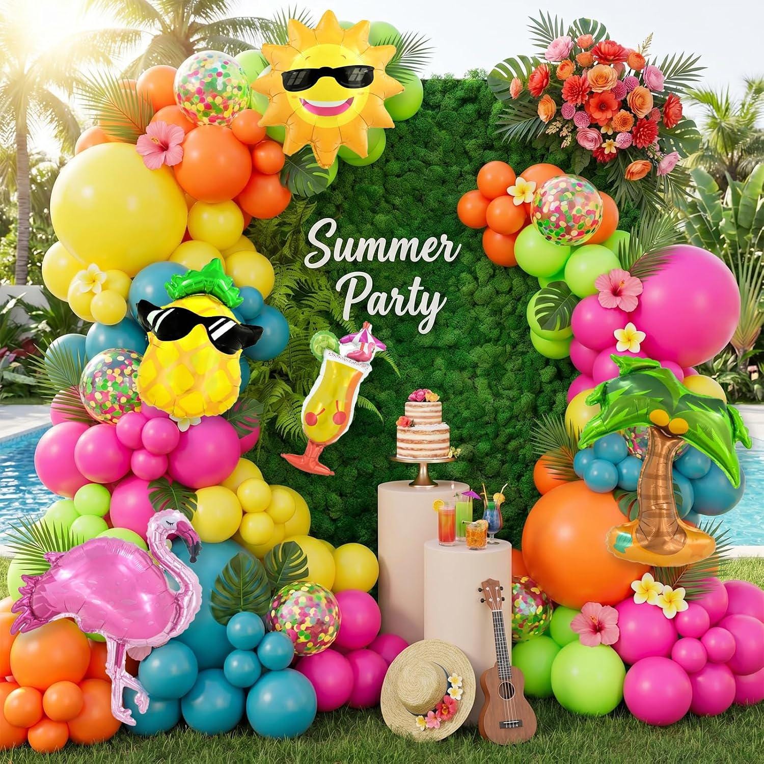 Tropical Flamingo Balloon Arch Kit | Hawaiian Luau Garland, Coconut Tree, Pineapple, Cocktail Balloons