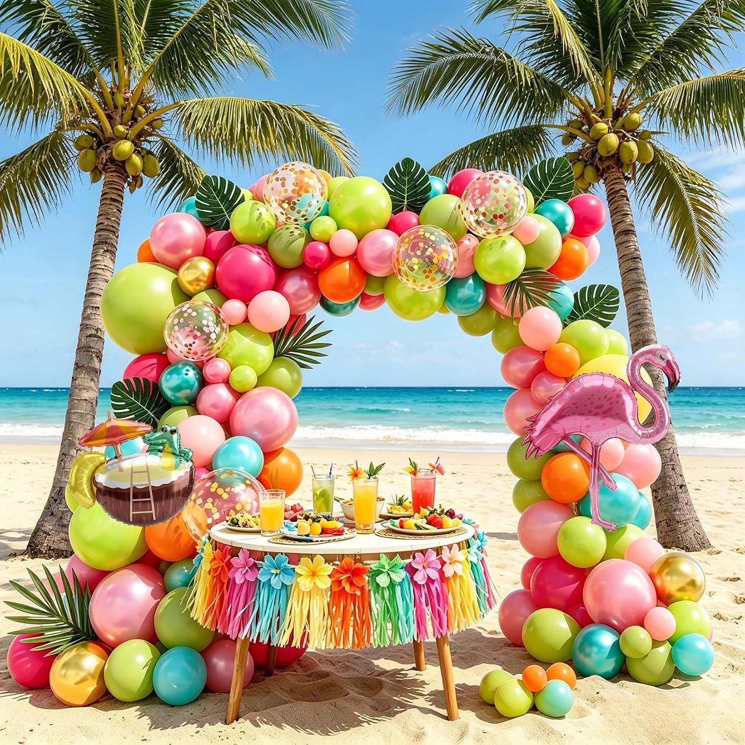 Tropical Balloon Arch Kit | Olive Green, Hot Pink, Orange, Rose Gold, Confetti Garland | Luau Party Decor