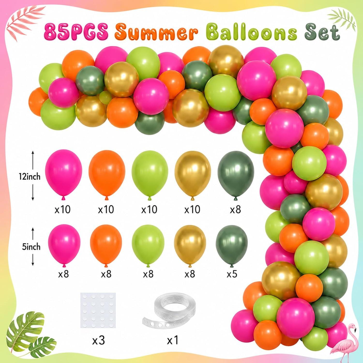Tropical Hawaiian Balloon Arch Kit | Hot Pink, Olive, Orange, Gold Luau Garland