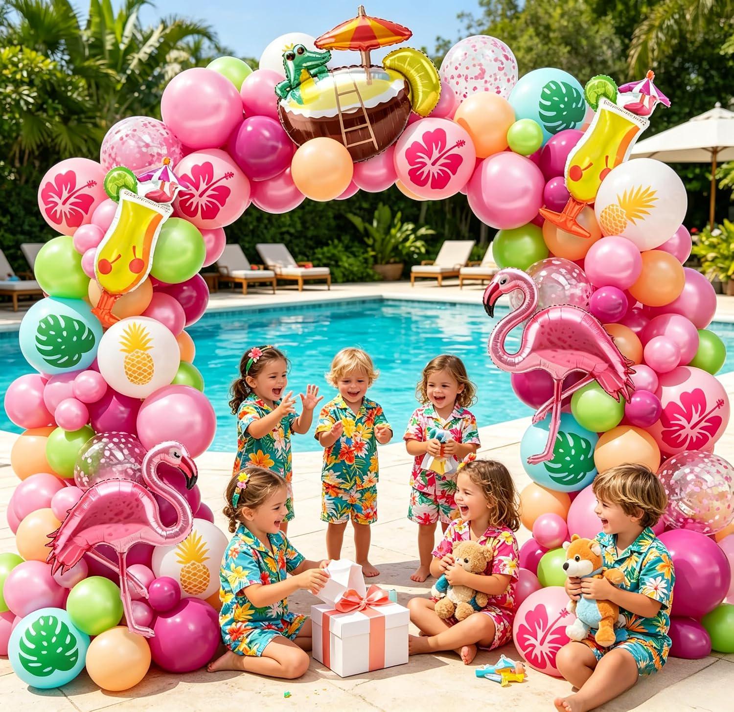Tropical Flamingo Balloon Arch Kit | Pink Luau Garland with Cocktail, Pineapple, Leaf Balloons