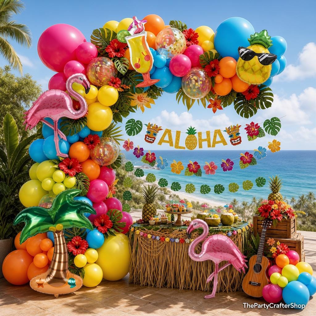 Tropical Flamingo Balloon Arch Kit | Hot Pink, Gold Confetti Garland, Luau Party Decor