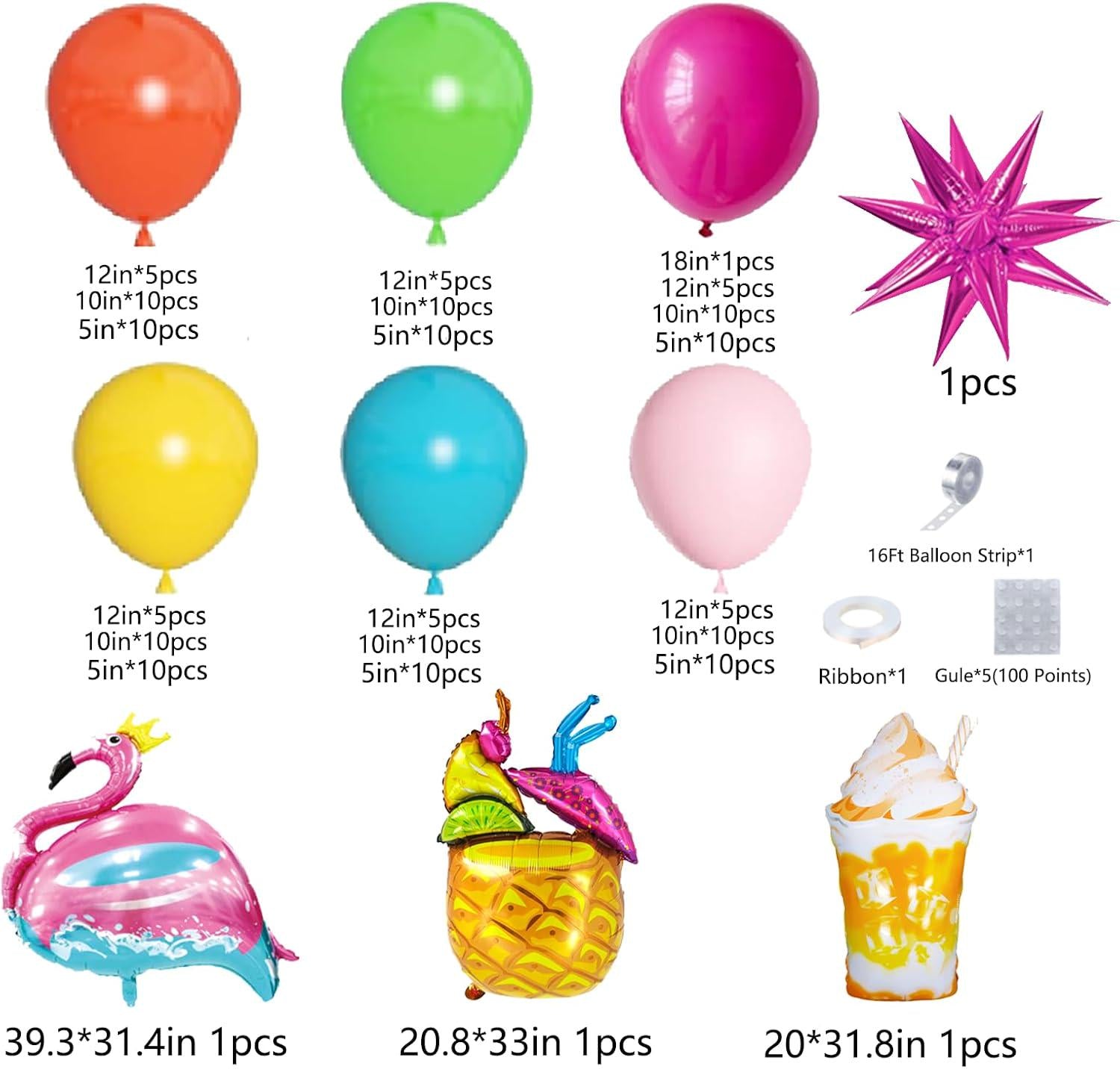 Hawaiian Balloon Arch Kit | Flamingo, Pineapple, Mango Foil Balloons, Luau Party Decor