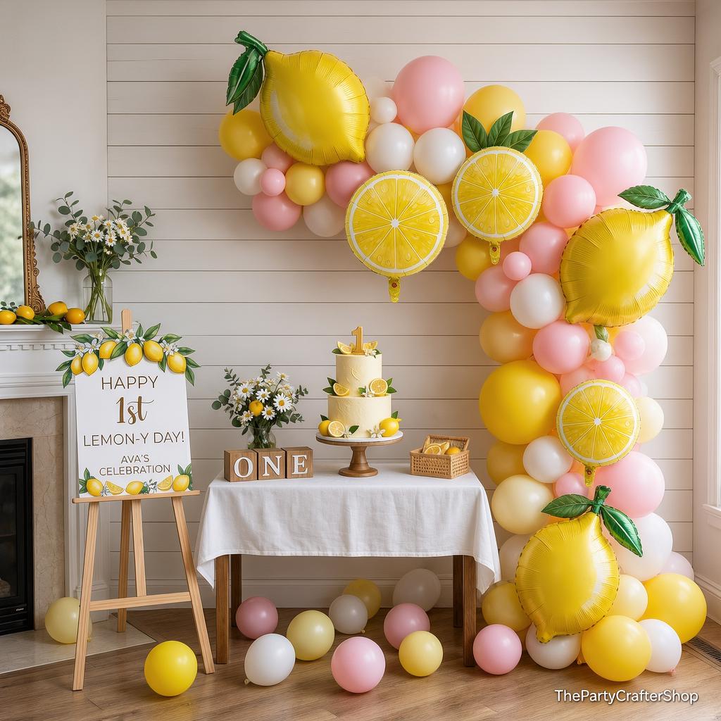 Pink Yellow Lemon Balloon Arch Kit | Sun & Lemon Mylar Balloons, Party Decor
