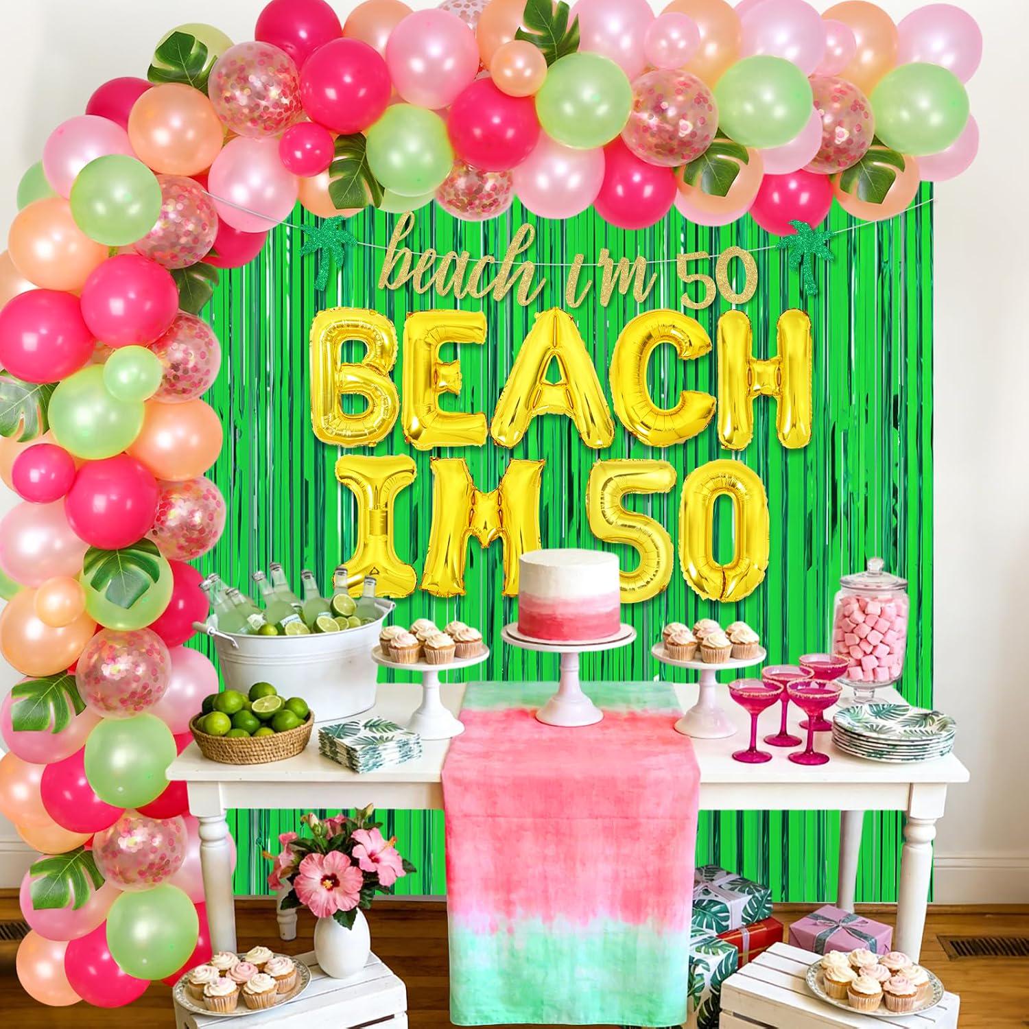 50th Birthday Tropical Luau Party Decorations | Beach Balloon Arch, Glitter Banner, Foil Props
