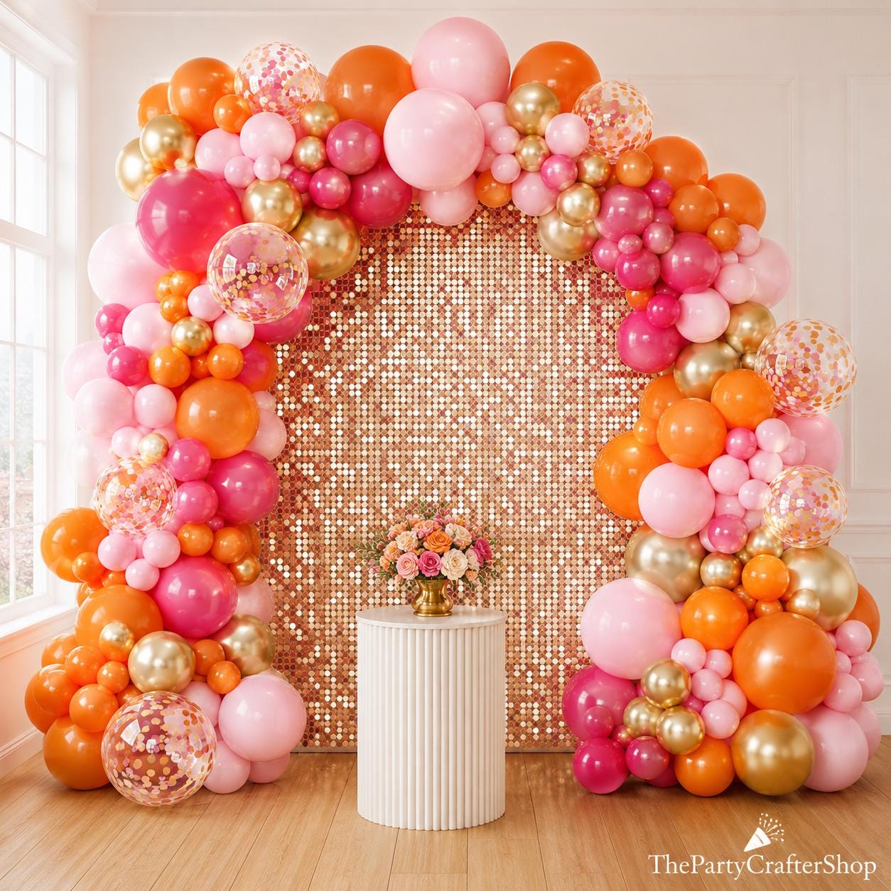 Pink Orange Balloon Arch Kit | Hot Pink Metallic Gold Confetti Garland