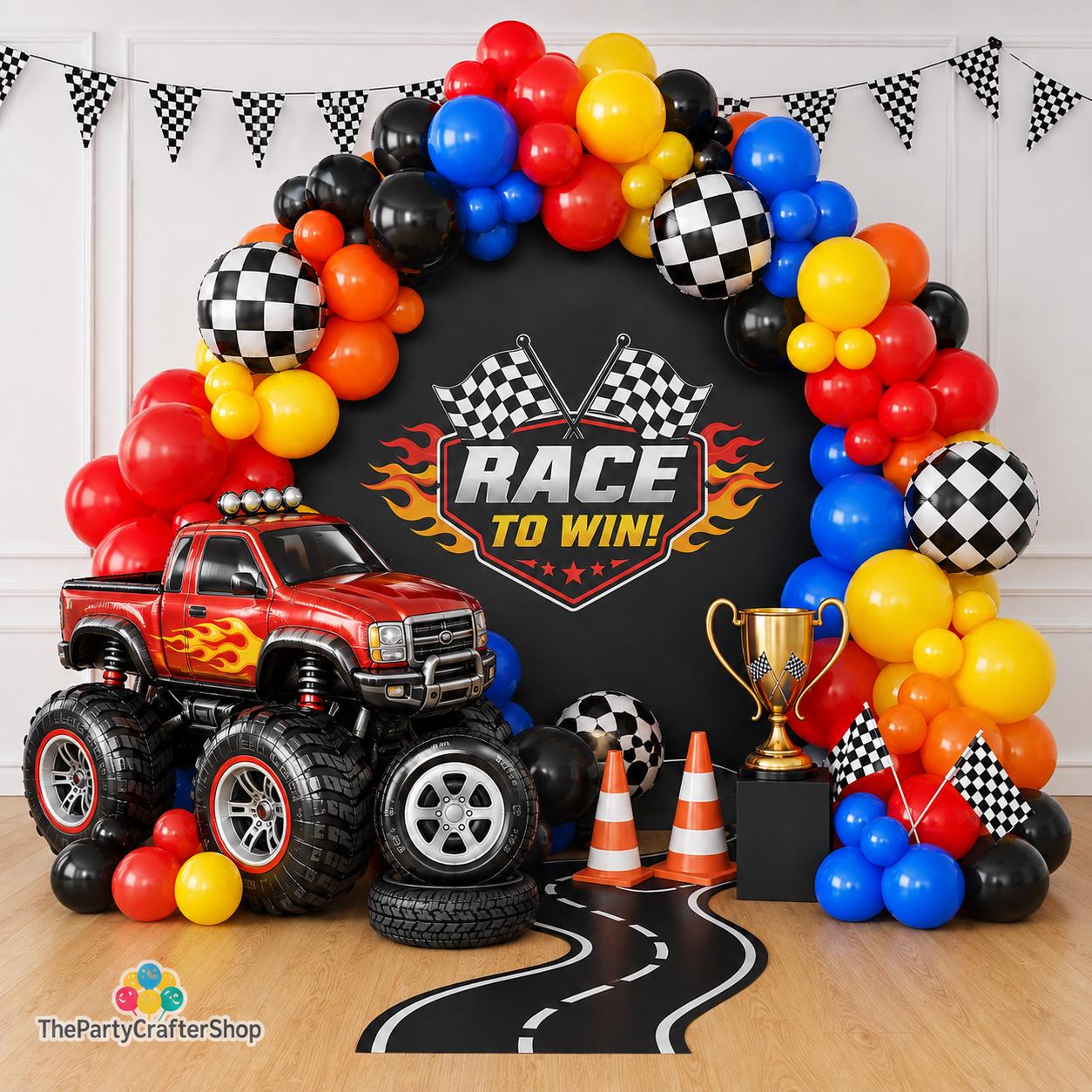 Monster Truck Balloon Arch Garland Kit | Red Blue Yellow Racing Party Decorations