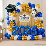 Graduation Balloon Arch Kit | Royal Blue, White, Gold, 2026 Numbers, Cap