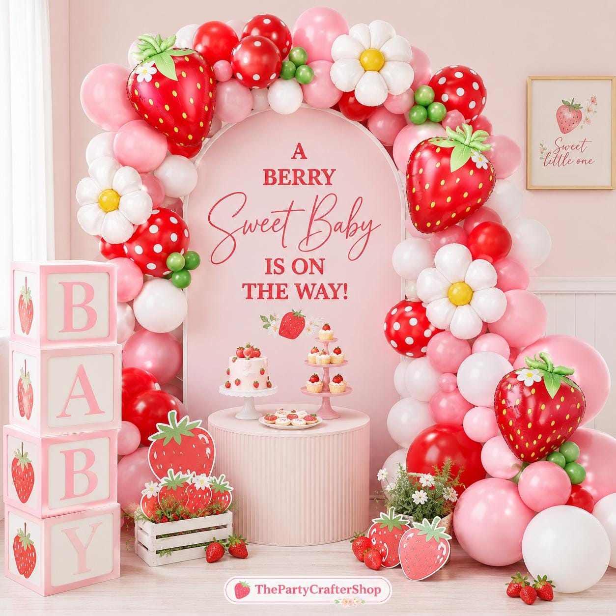 Strawberry Balloon Arch Kit with BABY Boxes | Red Pink Daisy Balloons, Sweet One Decor