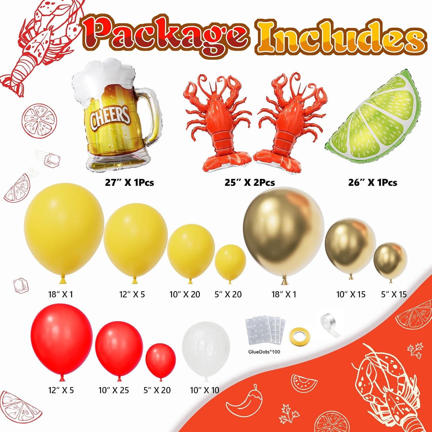 Crawfish Boil Balloon Arch Kit | Red Yellow Gold Seafood Party Decor