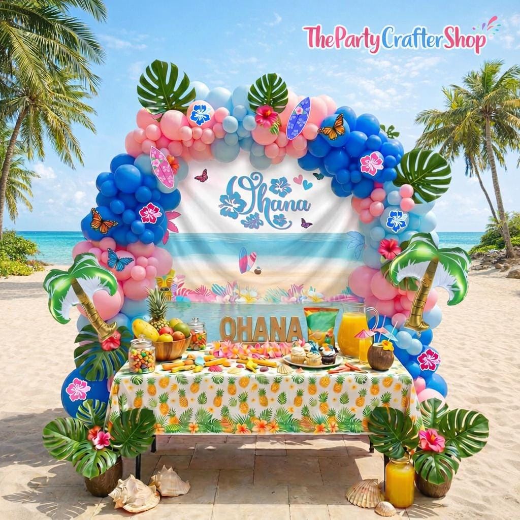Hawaiian Balloon Arch Kit | Blue Pink Tropical Ohana Backdrop, Coconut Tree, Hibiscus Decor