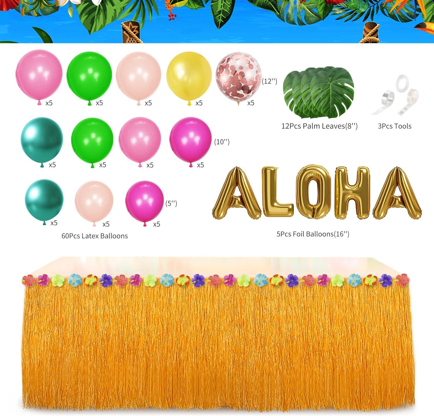 Hawaiian Luau Party Decorations | Aloha Backdrop, Grass Skirt, Balloon Garland, Palm Leaves