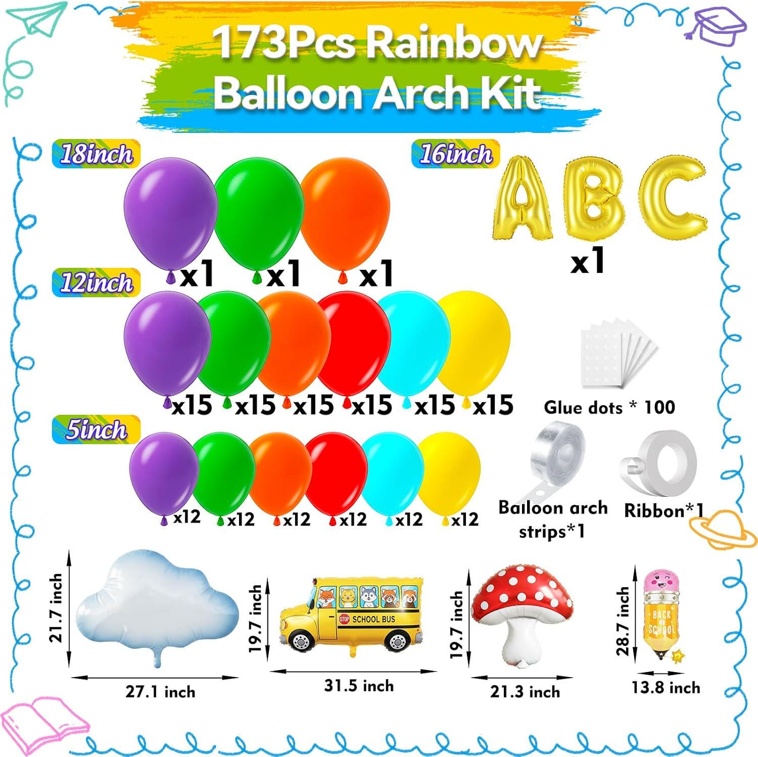 Rainbow Balloon Arch Kit | School Bus, ABC, Pencil Balloons (Back to School Decor)