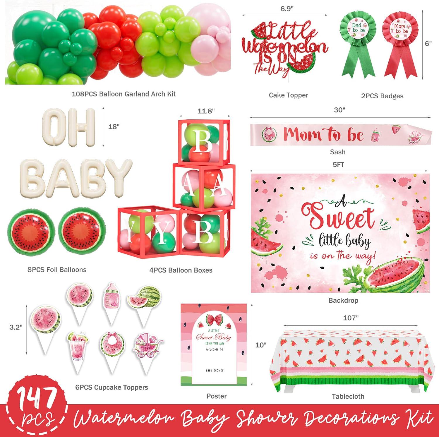 Watermelon Baby Shower Decorations | Balloon Arch, Backdrop, Boxes, Tablecloth