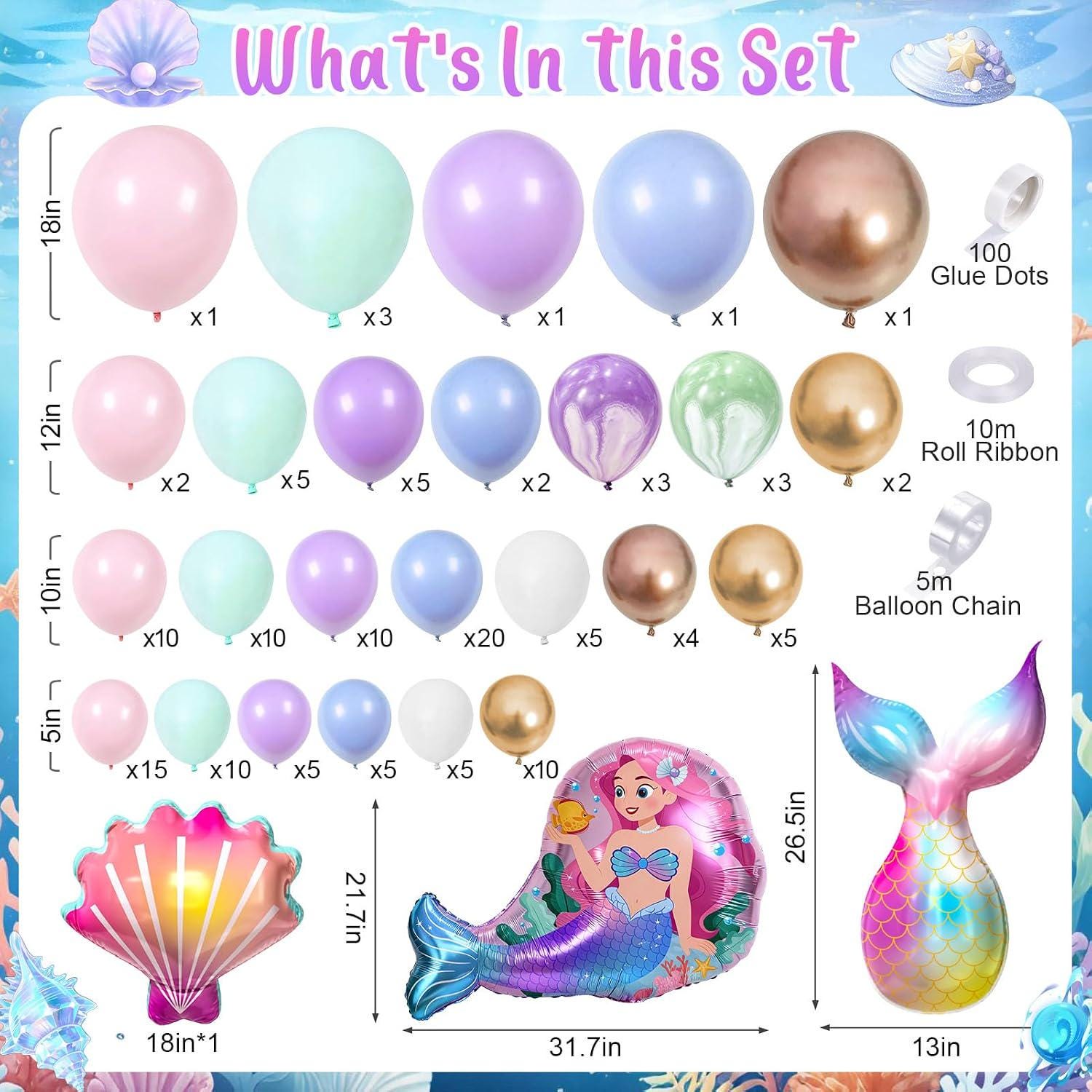 Mermaid Balloon Garland Kit, Pastel Under the Sea Birthday Baby Shower Decor