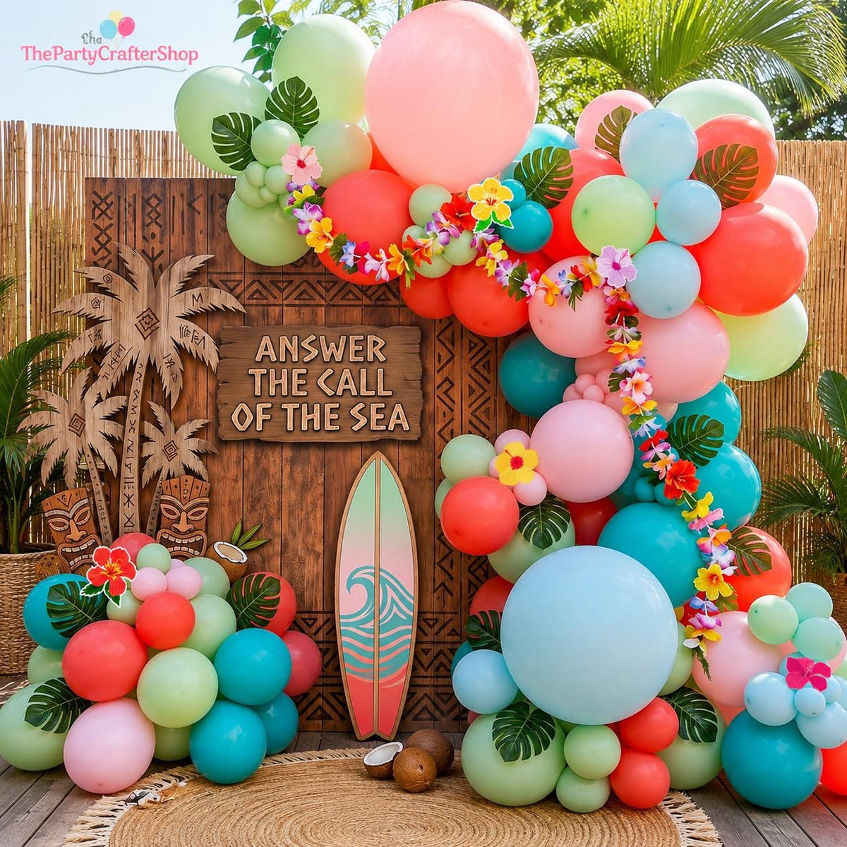 Tropical Balloon Garland Kit, Luau Party Arch with Palm Leaves, Flowers