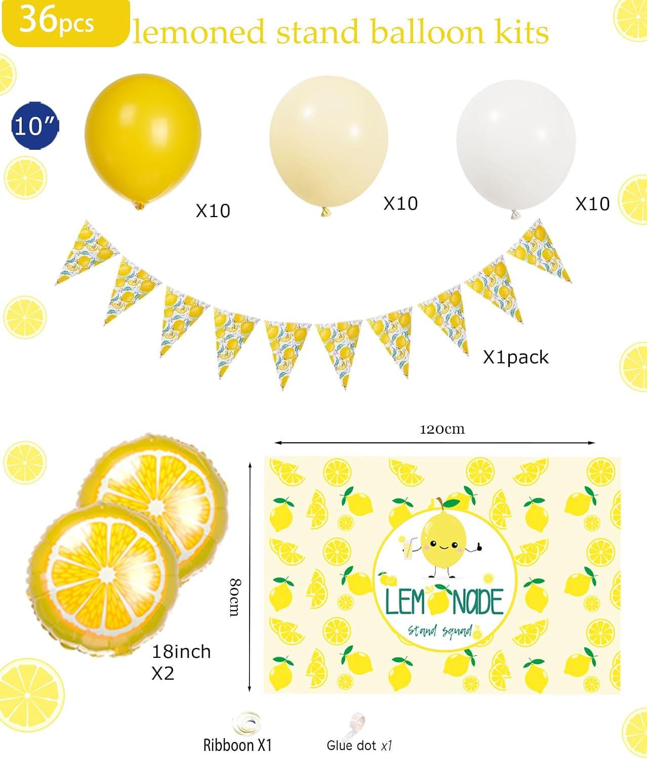 Lemonade Stand Party Decor Kit, Yellow White Balloons, Summer Birthday Banner