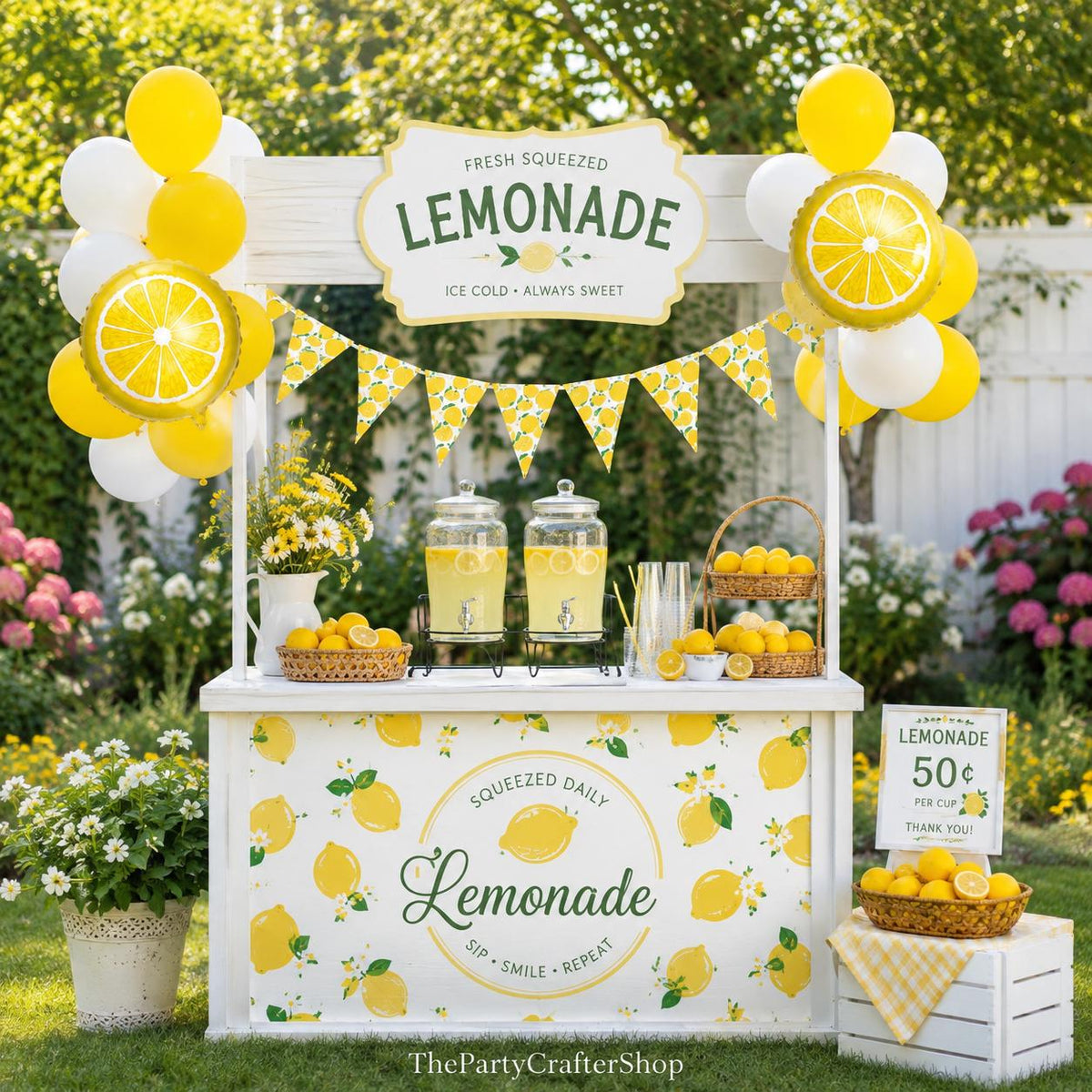 Lemonade Stand Party Decor Kit, Yellow White Balloons, Summer Birthday Banner