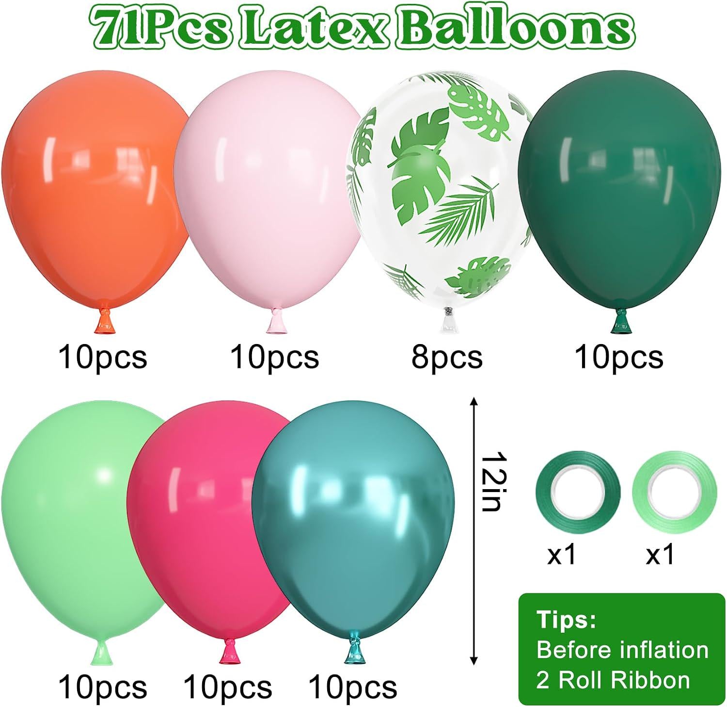 Tropical Balloon Arch Kit, Hot Pink Green Palm Leaf Balloons, Luau Party Decor