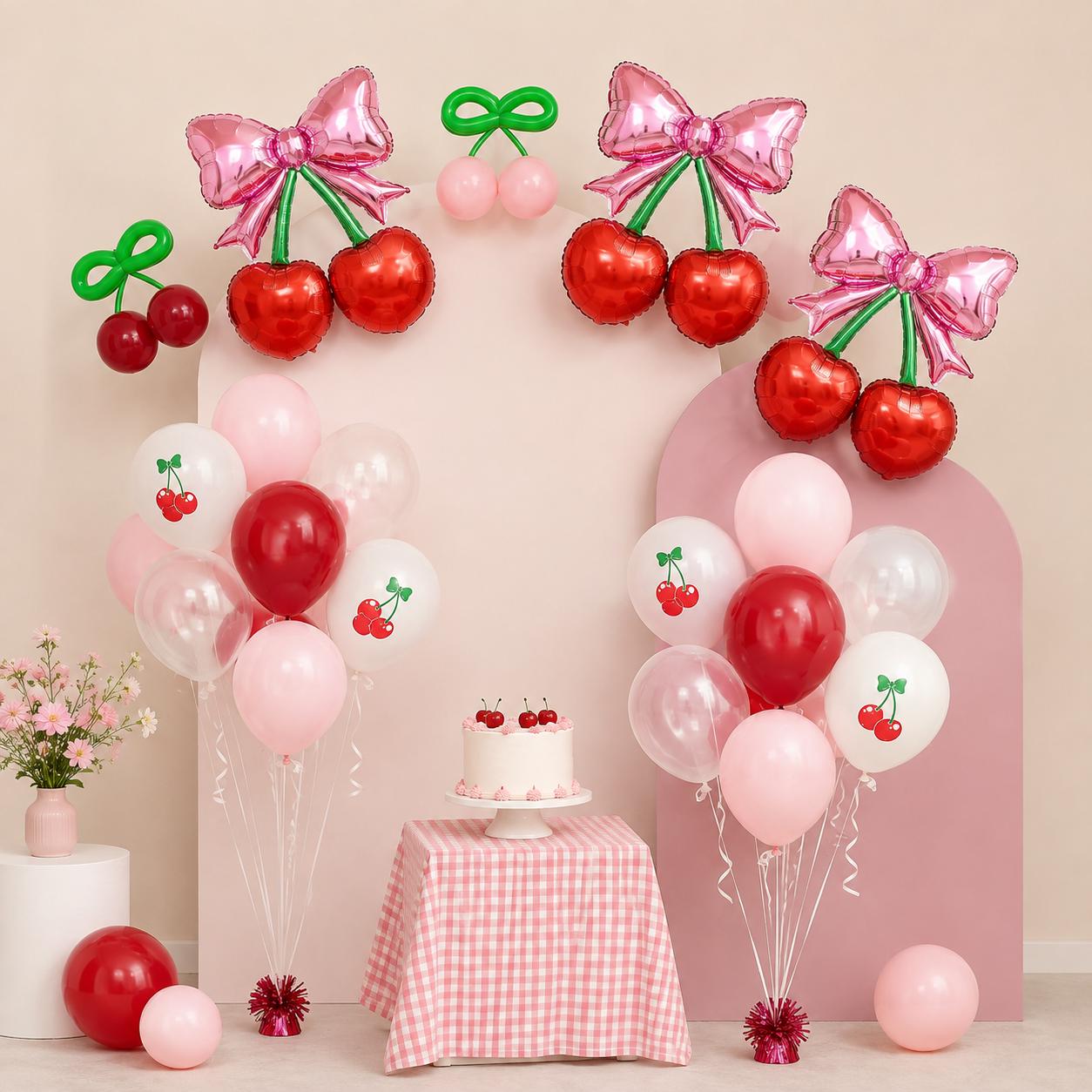 Cherry Balloon Garland Kit, Pink Red Bow Cherry Print Balloons, Birthday Baby Shower Decor