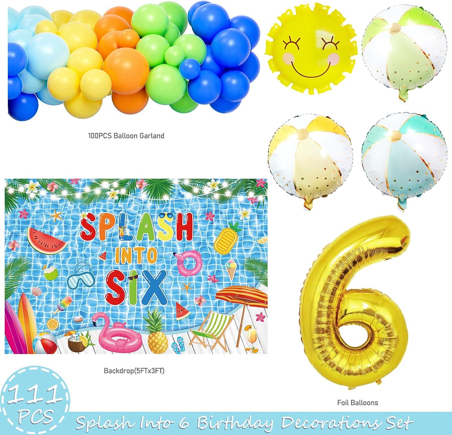 Splash Into Six Birthday Backdrop Banner, Beach Ball Balloon, Tropical Summer Party Decor