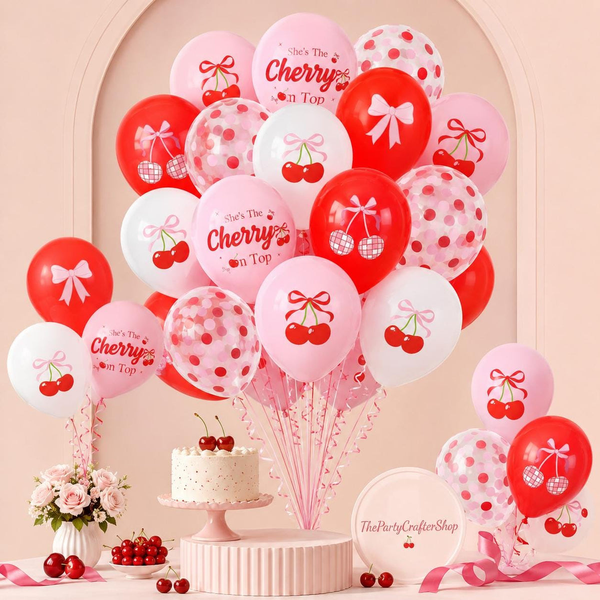 Cherry Print Balloons, Pink Red Summer Party Decor, Girls Birthday Baby Shower