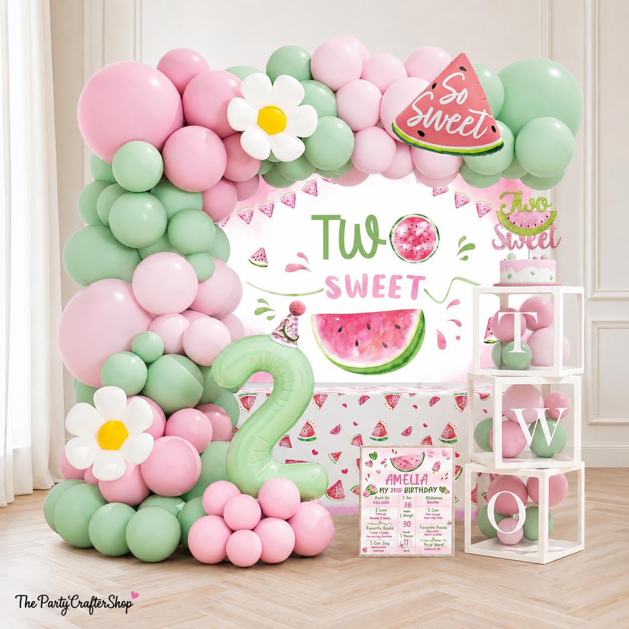 Watermelon Two Sweet Birthday Party Kit, Pink Green Balloons, Backdrop, Crown