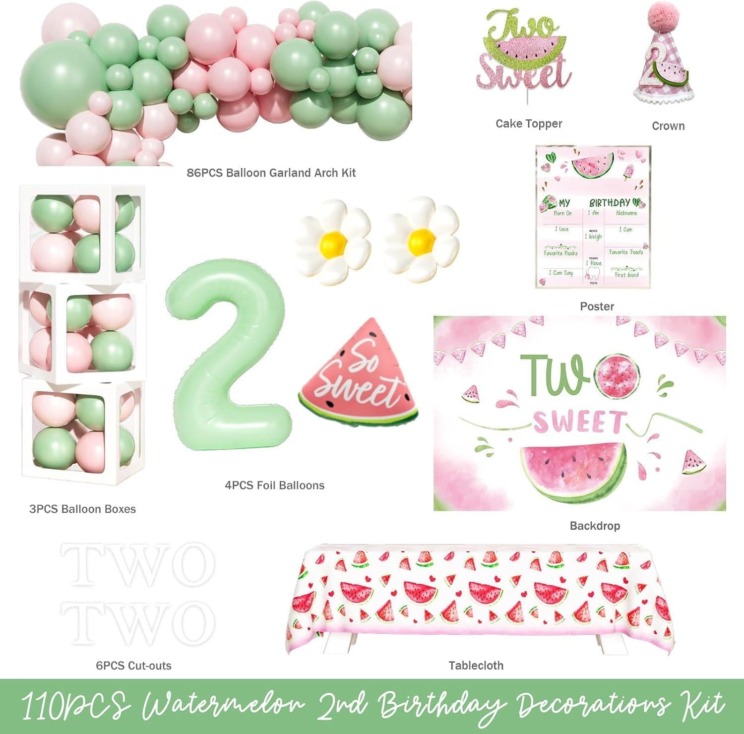 Watermelon Two Sweet Birthday Party Kit, Pink Green Balloons, Backdrop, Crown