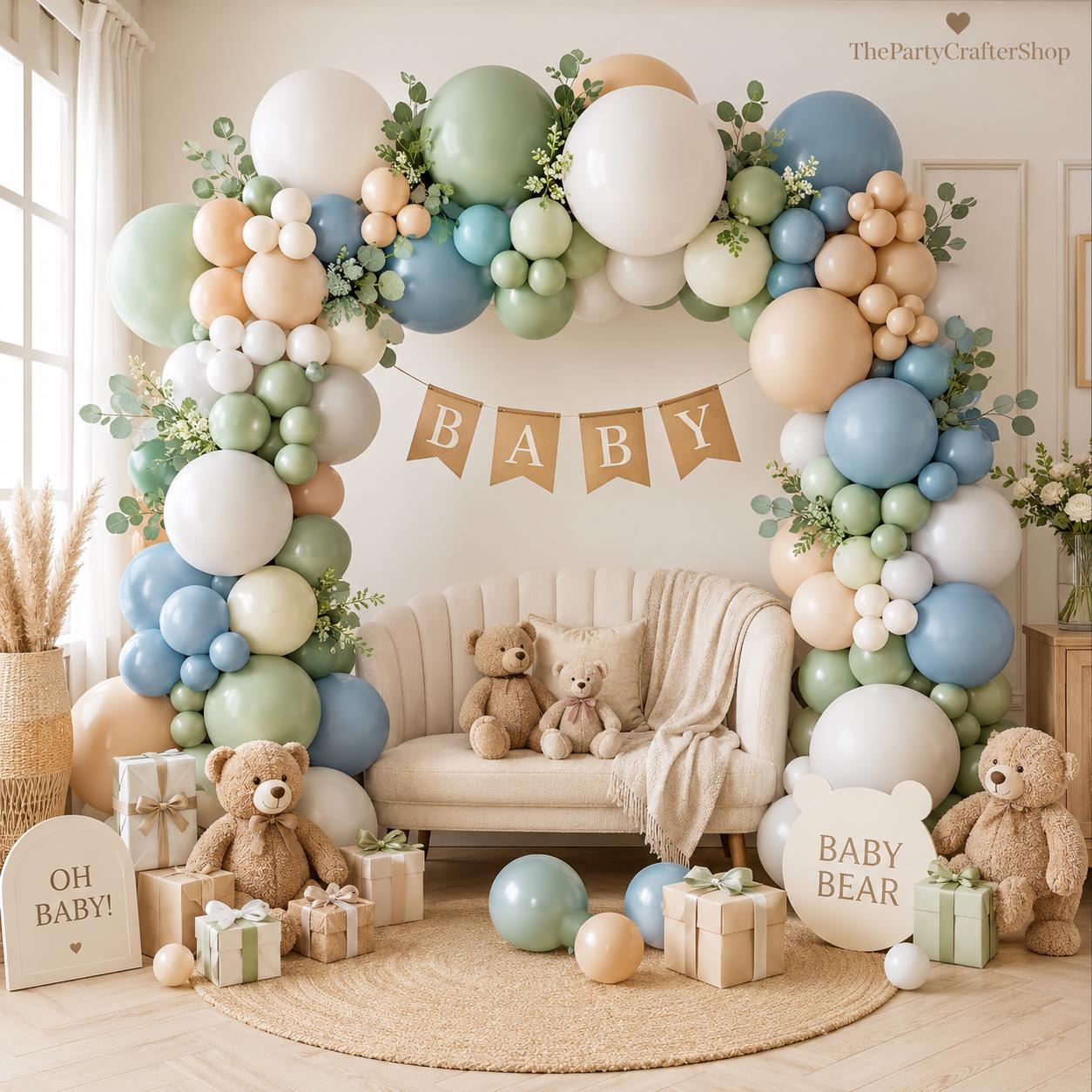 Dusty Blue Sage Green Balloon Arch Kit, 145pc Baby Boy Shower Garland with Yellow White Bear Balloons, Vintage Party Backdrop
