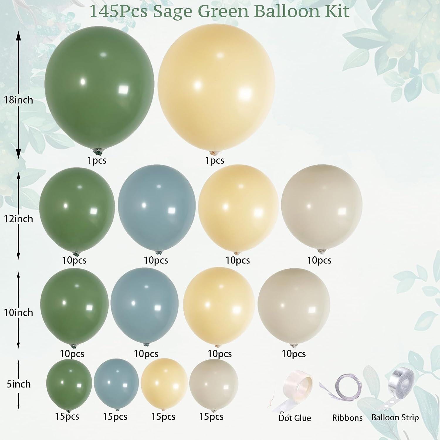 Dusty Blue Sage Green Balloon Arch Kit, 145pc Baby Boy Shower Garland with Yellow White Bear Balloons, Vintage Party Backdrop