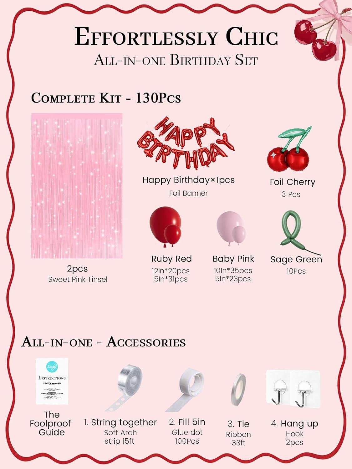 Cherry Birthday Balloon Arch Kit, Pink Fringe Backdrop, Girls Party Decorations