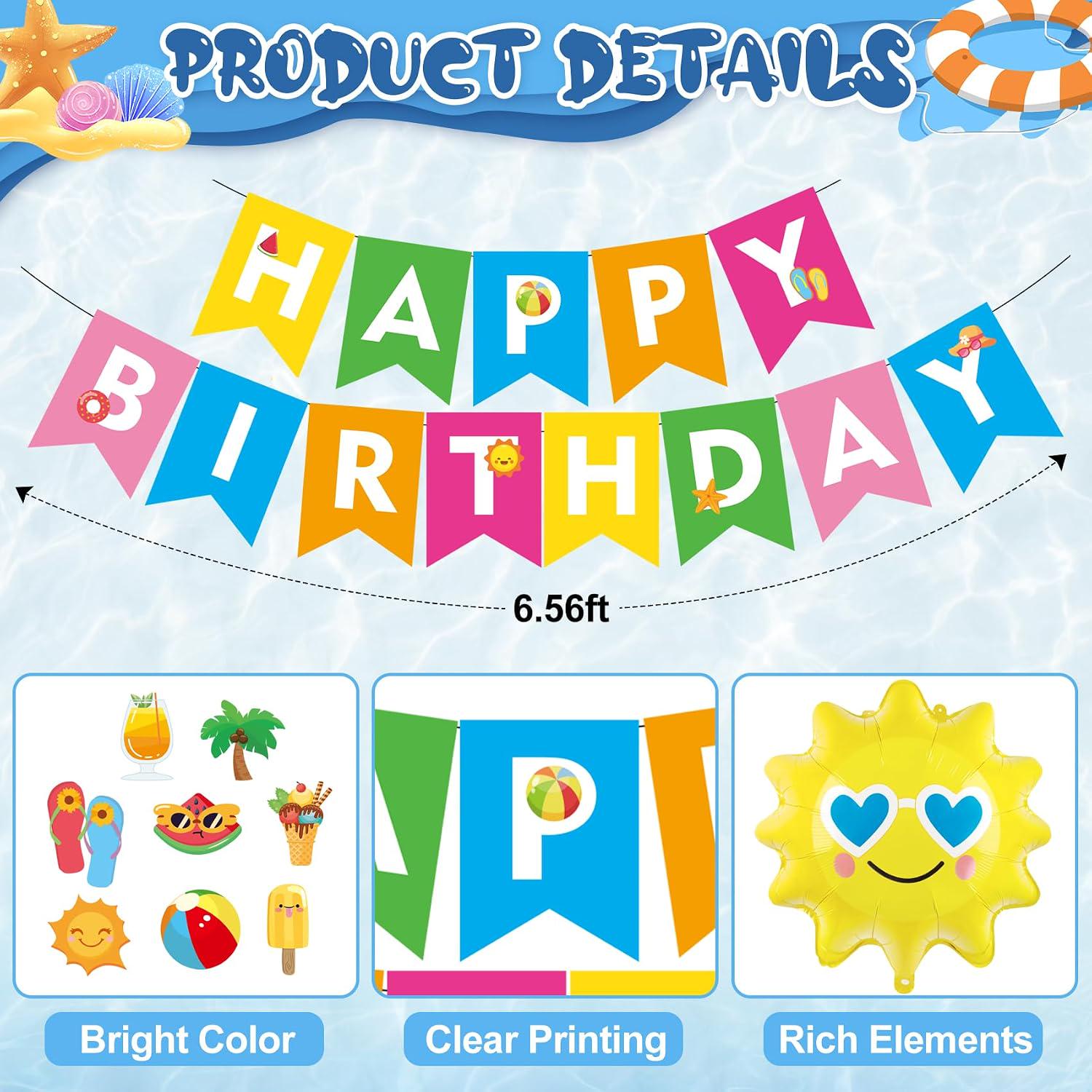 Tropical Pool Party Decorations, Summer Birthday Kit with Balloons, Banner, Cake Toppers