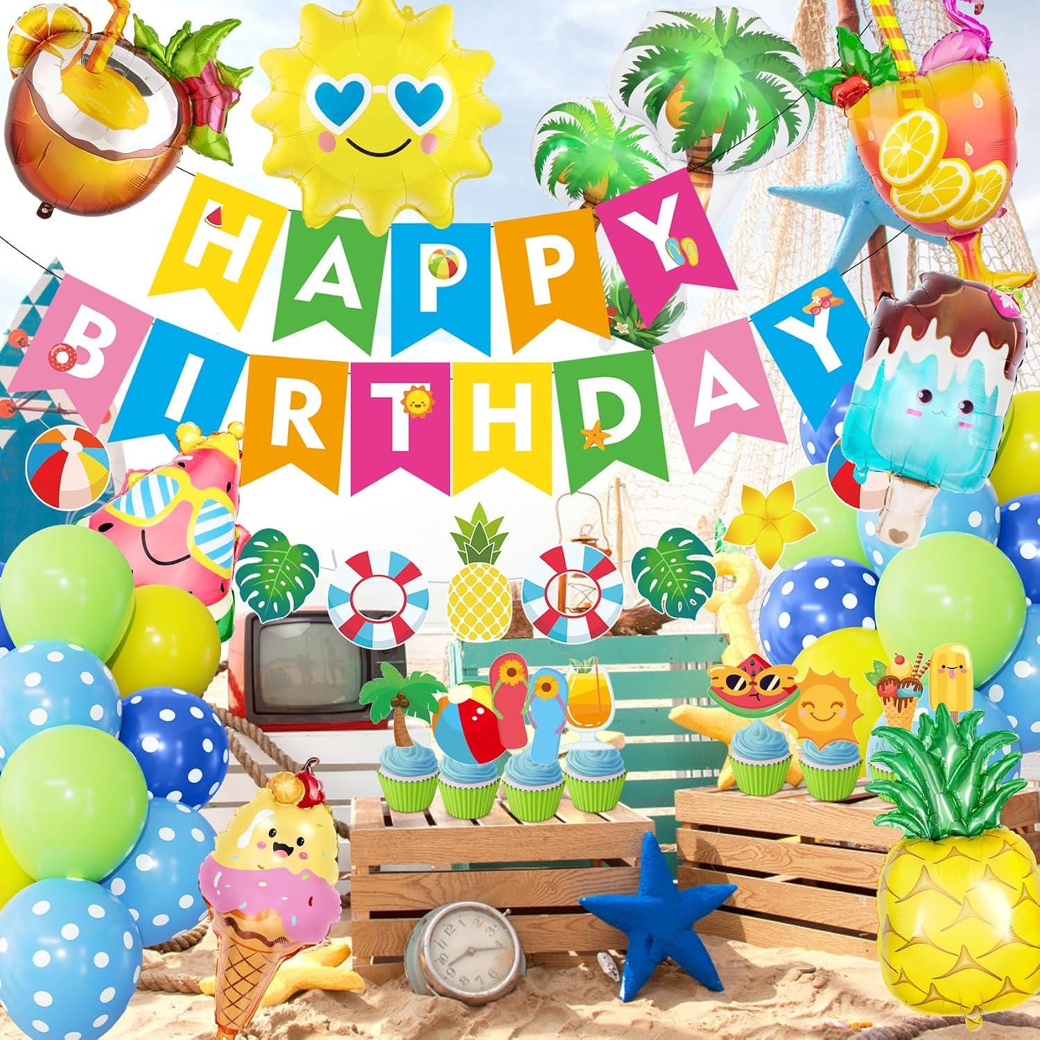 Tropical Pool Party Decorations, Summer Birthday Kit with Balloons, Banner, Cake Toppers