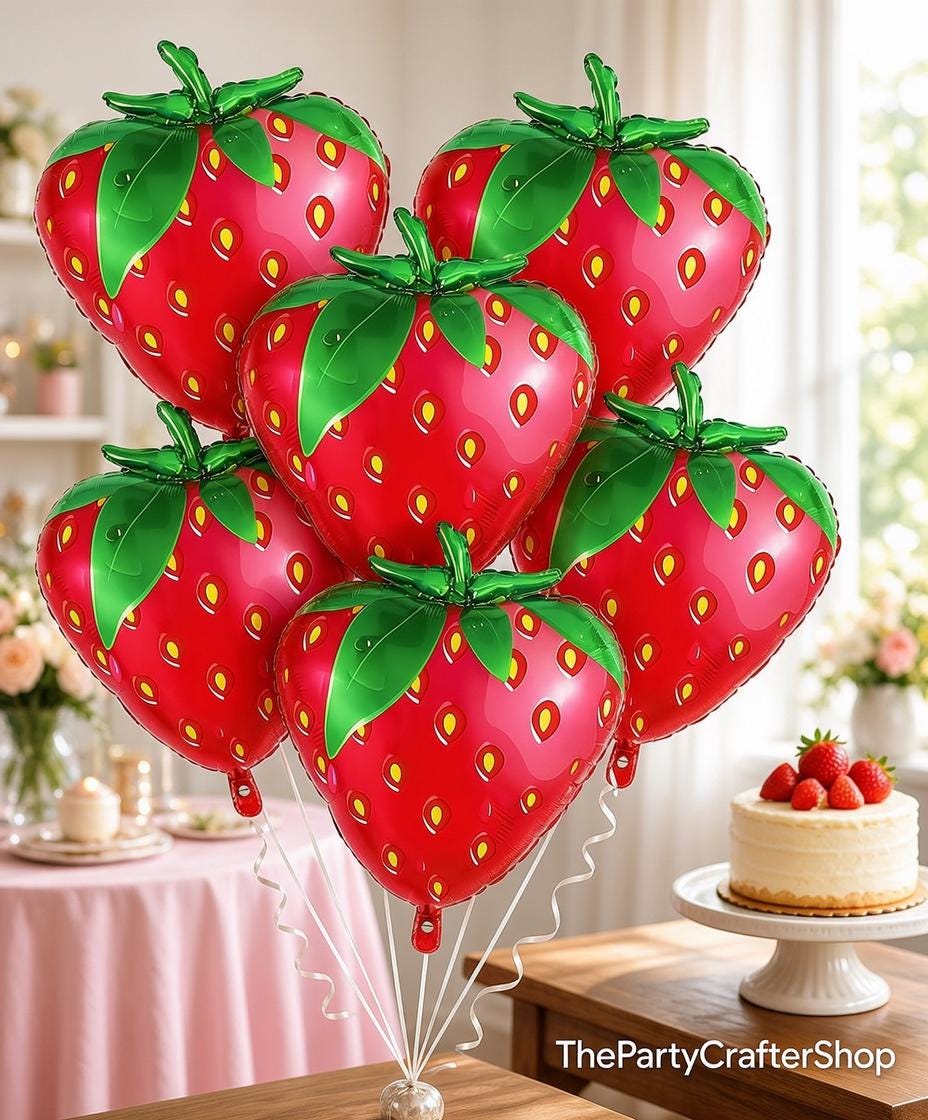6pc Strawberry Foil Balloons, 20 Inch Red Fruit Theme Party Decor