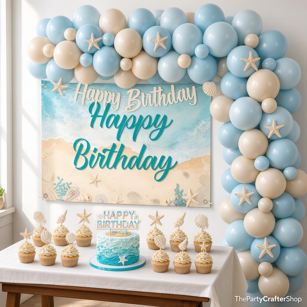 Coastal Beach Birthday Party Kit, Balloon Arch, Starfish, Shell Decorations