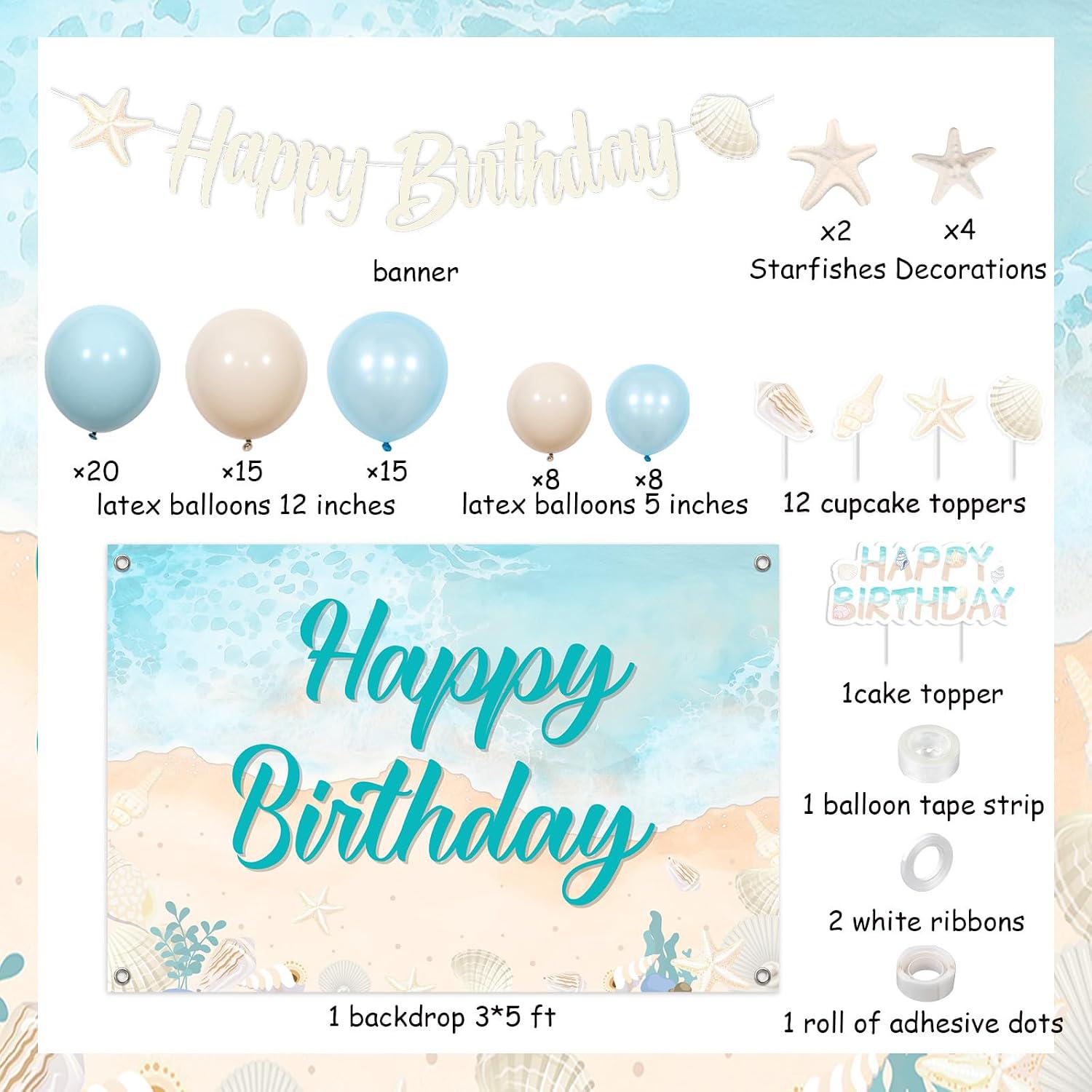 Coastal Beach Birthday Party Kit, Balloon Arch, Starfish, Shell Decorations