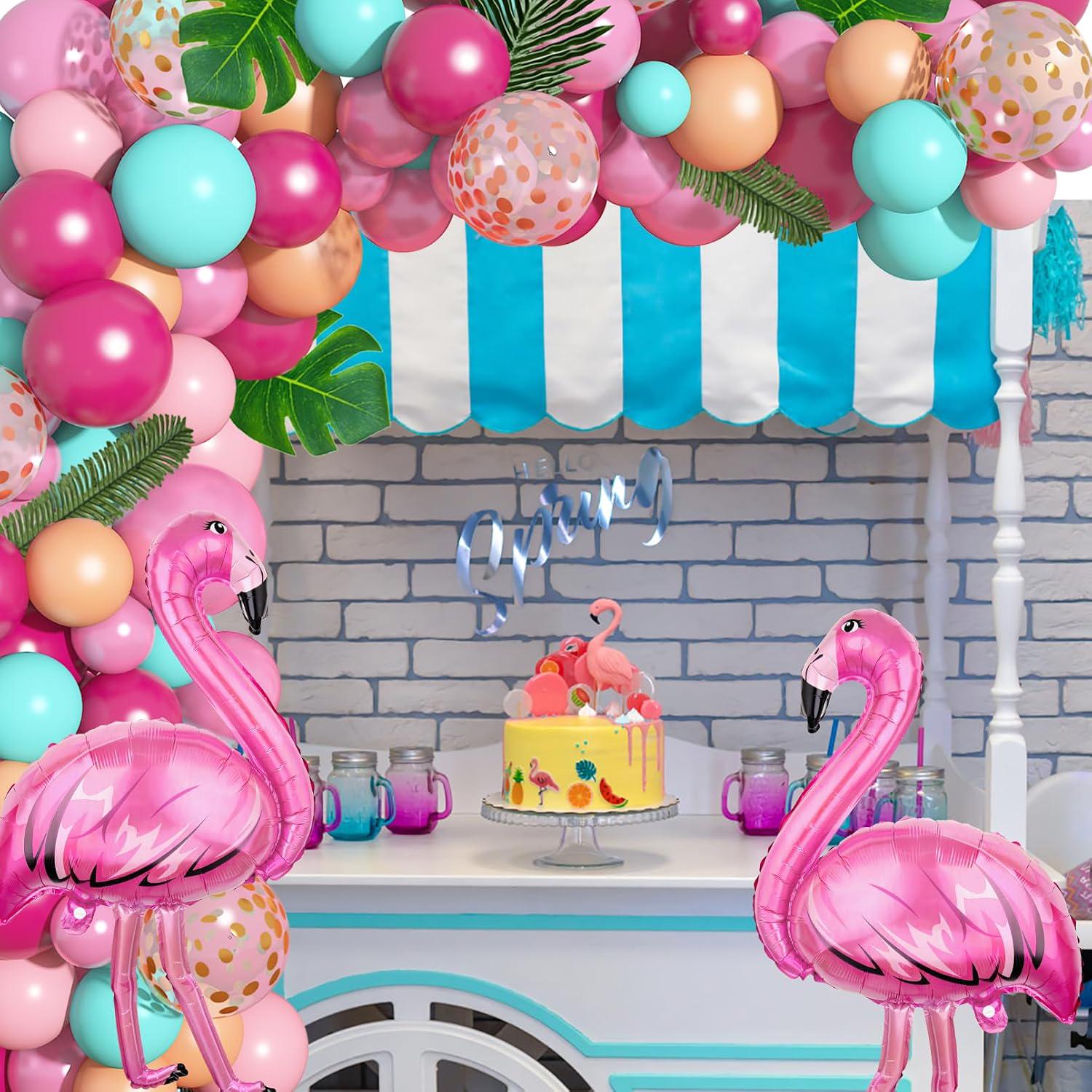 Flamingo Balloon Garland Kit, Tropical Luau Party Arch with Palm Leaves