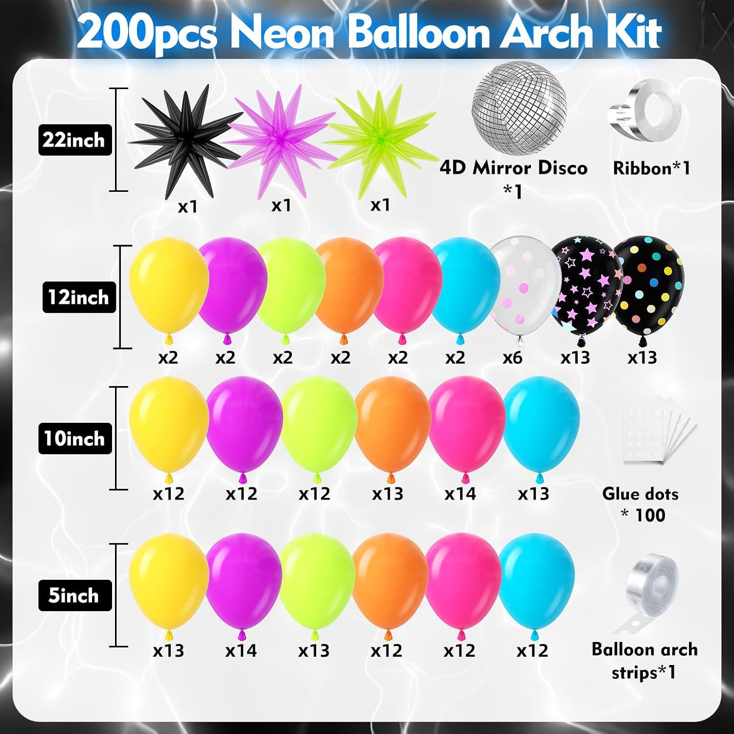 Neon Balloon Arch Kit | Glow in Dark Garland, 80s 90s Disco Party Decor