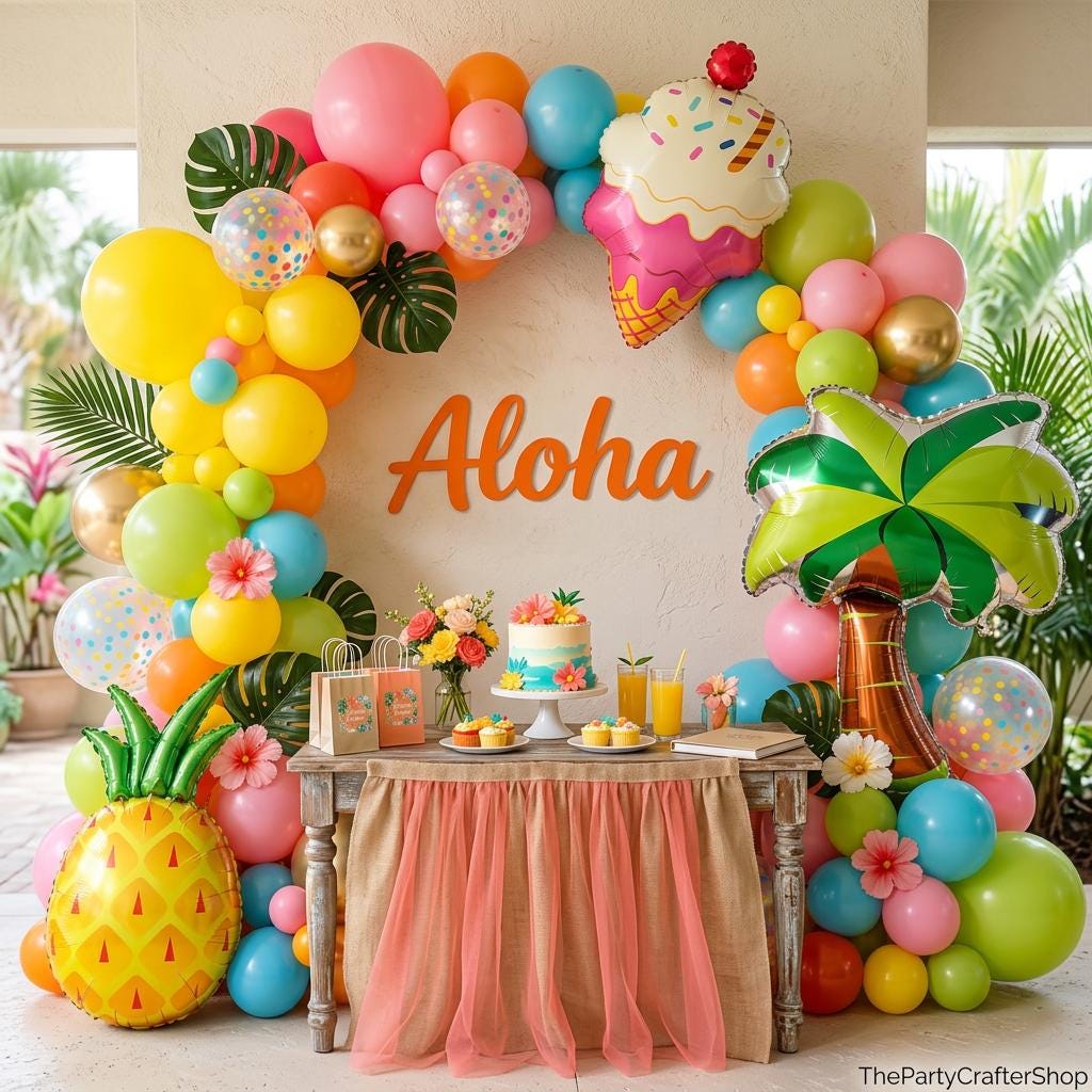 Hawaiian Luau Balloon Arch Kit | Tropical Palm Tree, Pineapple, Ice Cream Balloons