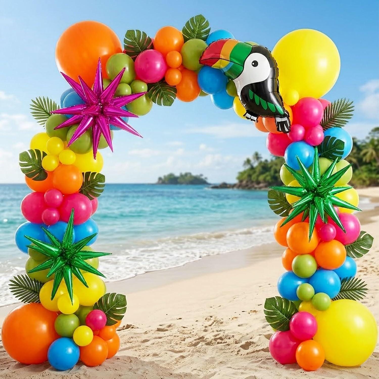 Tropical Balloon Arch Kit | Toucan, Star, Monstera Leaf Garland for Luau Party Decor