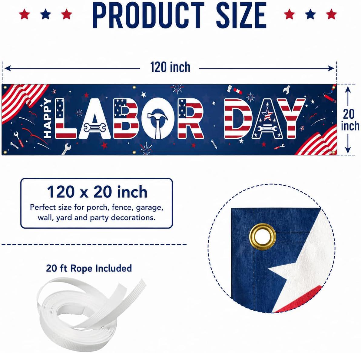 Happy Labor Day Banner, Red White Blue Patriotic Yard Sign with Grommets
