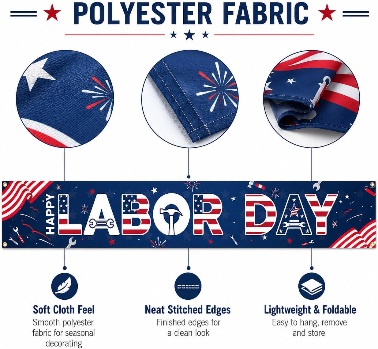 Happy Labor Day Banner, Red White Blue Patriotic Yard Sign with Grommets