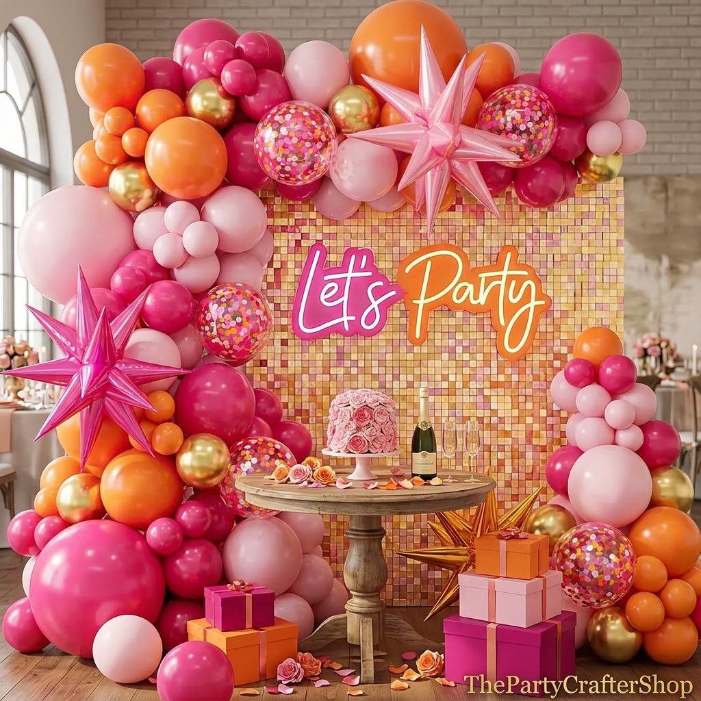Pink Orange Balloon Arch Kit | Hot Pink Gold Confetti Star Balloons, Summer Party Decor