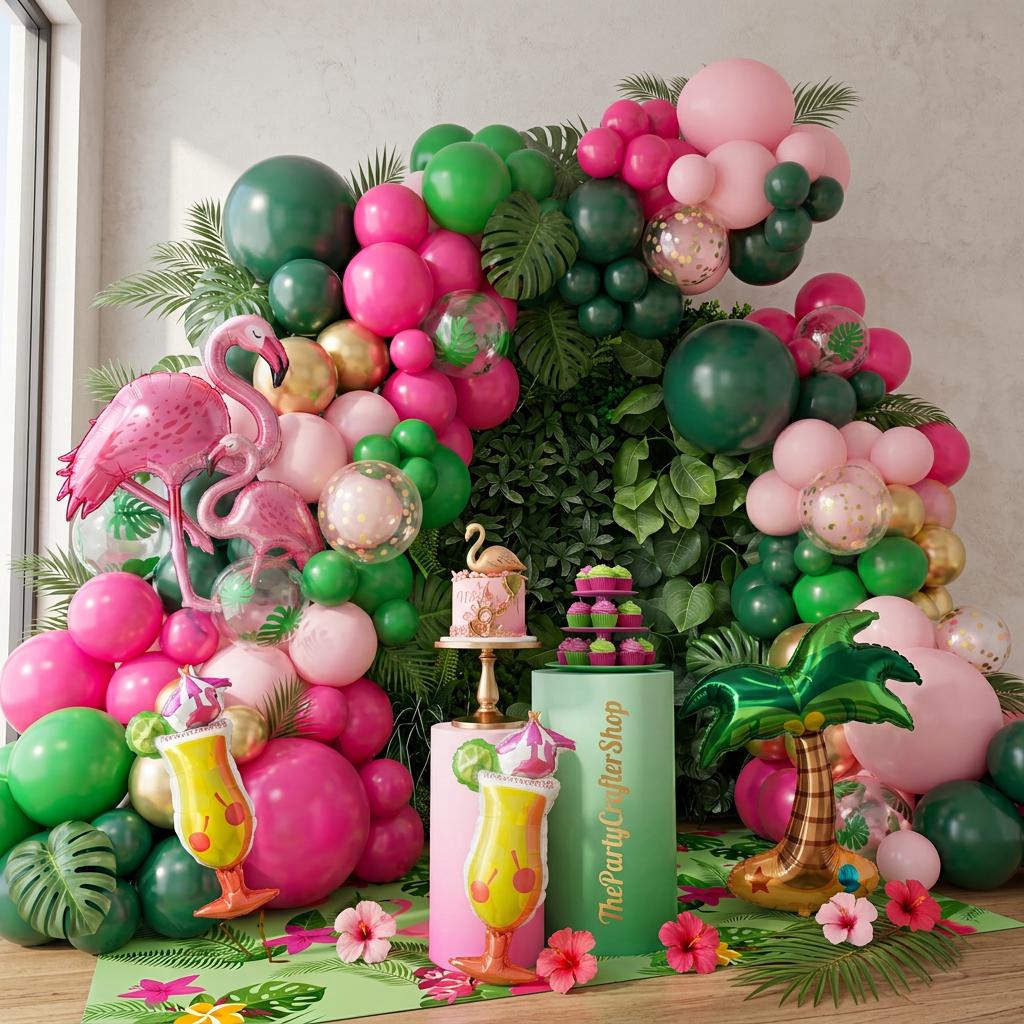 Tropical Flamingo Balloon Garland Kit | Luau Party Decor, Hot Pink, Green, Gold Arch