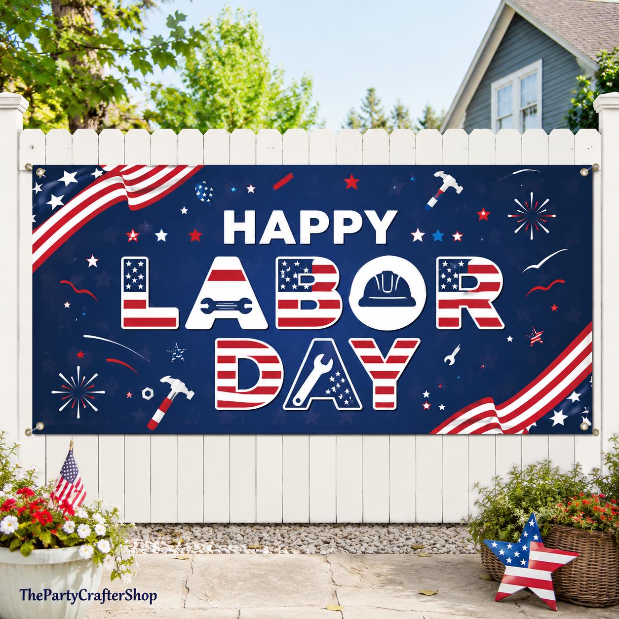 Happy Labor Day Patriotic Banner, Red White Blue Fabric Backdrop (43.3 x 72.8 Inch)