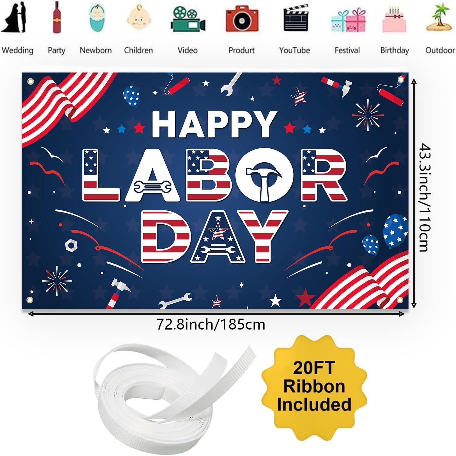 Happy Labor Day Patriotic Banner, Red White Blue Fabric Backdrop (43.3 x 72.8 Inch)