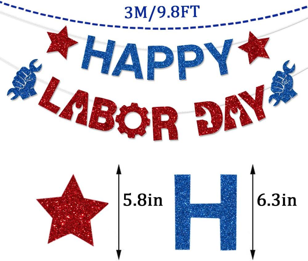 Glitter Happy Labor Day Banner, Red Blue USA Patriotic Garland, Party Decorations